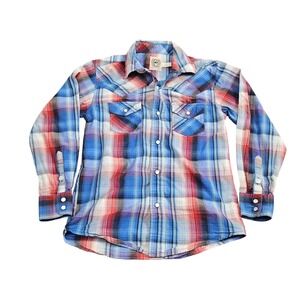 Cinch Western Snap Shirt Youth Small 6/8 Blue Red Plaid Pearl Snap Cowboy Rodeo